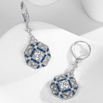 Stellar Prestige Geometric Drop Earrings - Platinum/Sapphire