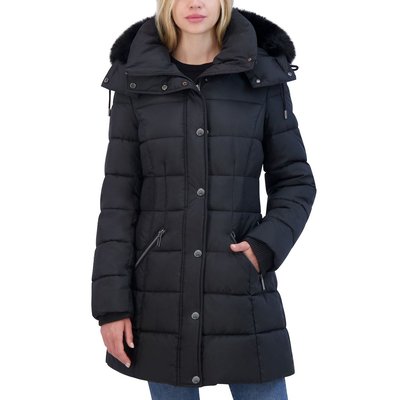 Removable Faux Fur Hood Strip Puffer - Black