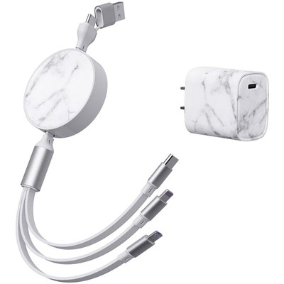 6-in-1 Retractable Cable With Fast Charge Adapter - Marble