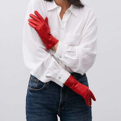 9" Leather Gloves With Cashmere Lining - Red