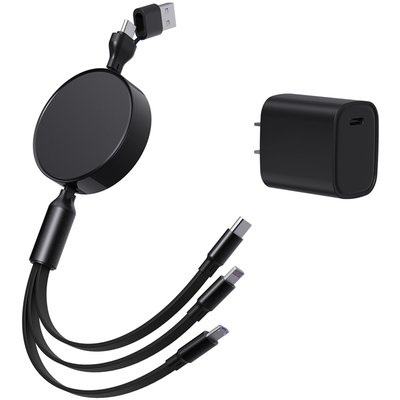 6-in-1 Retractable Cable With Fast Charge Adapter - Black