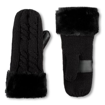 Women's Chunky Knit Mitten With Faux Fur Cuff - Black