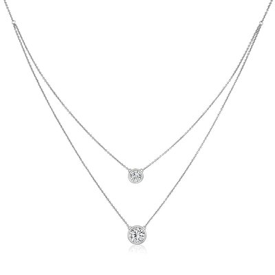 Double Layered Solitiare Necklace - White Gold