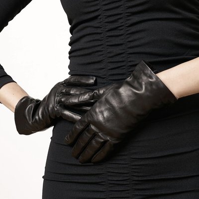 9" Leather Gloves With Cashmere Lining - Black