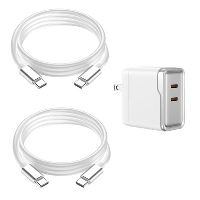 USB-C 6ft Charging Cables (set of 2) + Dual Adapter - 6 Color Options - White