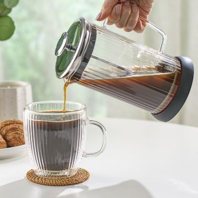 Fluted Coffee French Press & 2 Double Wall Mugs, 13.5 oz - Set of 3