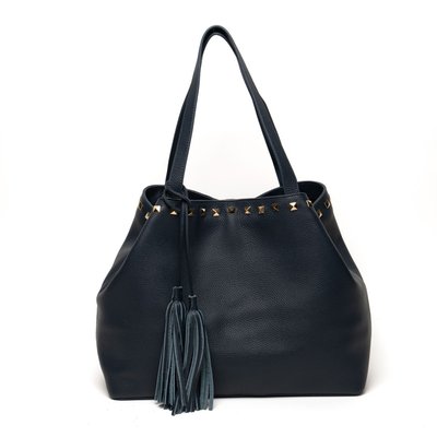 Studded Leather Tassel Tote - Navy