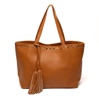 Studded Leather Tassel Tote - British Tan