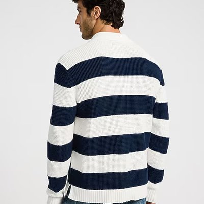 Striped Waffle Knit Cotton Johnny Collar Sweater