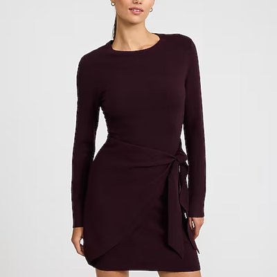 Crew Neck Long Sleeve Wrap Mini Sweater Dress