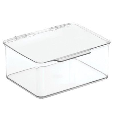 mDesign Plastic Home Office Desk Storage Organizer Bin Box with Hinge Lid, Clear