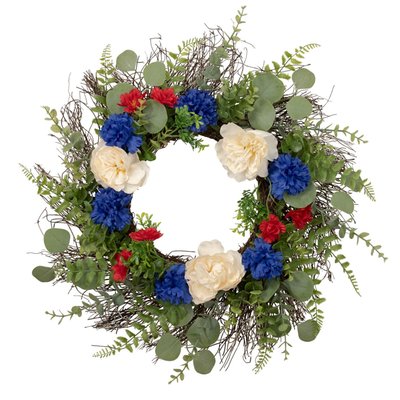 Americana Mixed Foliage and Florals Patriotic Wreath, 24-Inch, Unlit