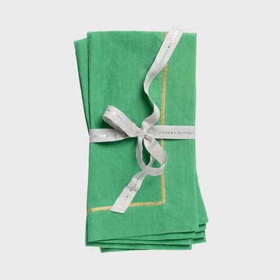 Gold Trim Linen Dinner Napkin, Grass Green, Set Of Two