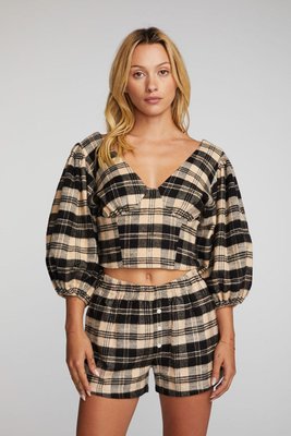 Flannel Puff Sleeve Cropped Blouse