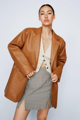Womens Faux Leather Longline Blazer