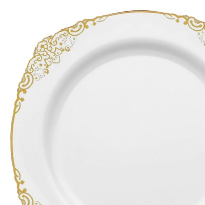 White with Gold Fancy Round Disposable Plastic Dinner Plates (10.25â€) - 10 Plates