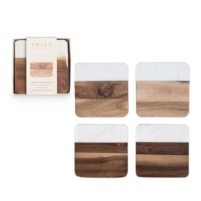 Marble & Acacia Coaster Set