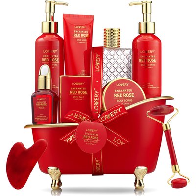 Luxe 11Pc Red Rose Bath And Body Set With Perfume, Jade Roller, Gua Sha & More