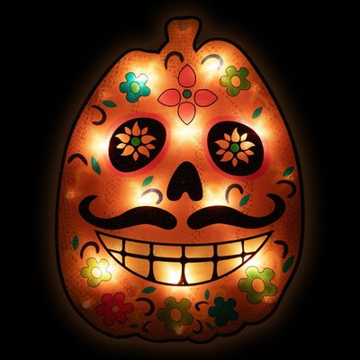 Lighted Sugar Skull Jack O' Lantern Day of the Dead Window Silhouette - 15"