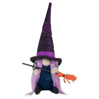 Gnome Witch with Broom and Pointy Hat Halloween Figure - 14" - Black and Purple
