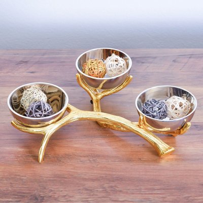 Triple Section Serving Bowls On Branch Base For Snacks, Candy, Centerpiece