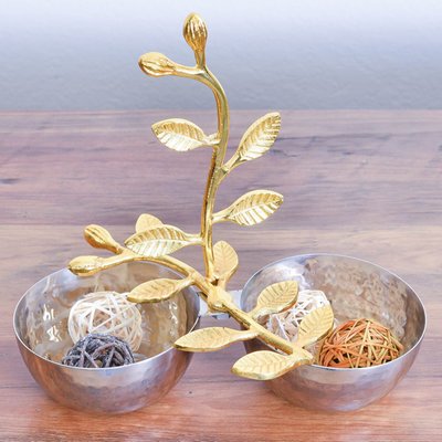 Stainless Steel Two-bowl Serving Dish With Decorative Leaf Handle