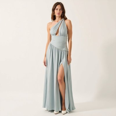 Pleated One-shoulder Gown With Cutout Waist And Thigh Slit
