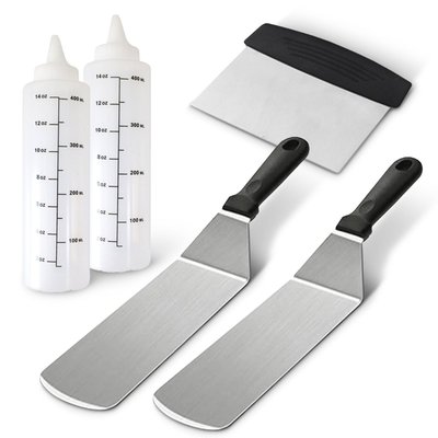 5-piece Stainless Steel Griddle Tool Set: Spatulas, Scraper & Bottles