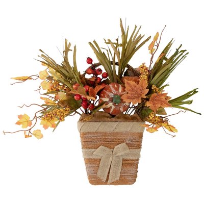 19" Artificial Fall Harvest Foliage with Bow Wall Basket