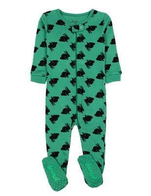 Leveret Kids Footed Cotton Pajama Bunny Green