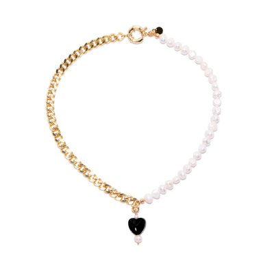 18K Gold Plated Chain, Freshwater Pearls with Black Heart Charm - Kuro Necklace