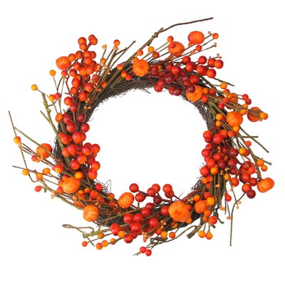 Red and Orange Fall Berry and Mini Pumpkin Artificial Thanksgiving Wreath - 20-Inch, Unlit
