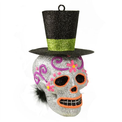 6" Glitter Drenched Skull with Top Hat Day of the Dead Ornament