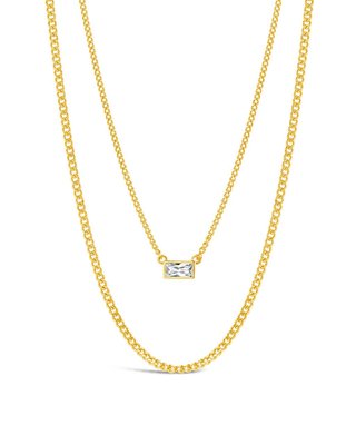 Cz Baguette Layered Curb Chain Necklace