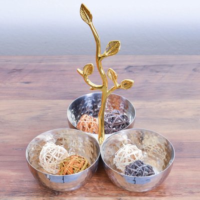 Stainless Steel 3-bowl Serving Dish With Leaf Handle For Nuts & Candy