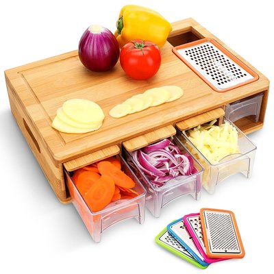 Bamboo Cutting Board With Integrated Graters And 4 Storage Trays With Lids