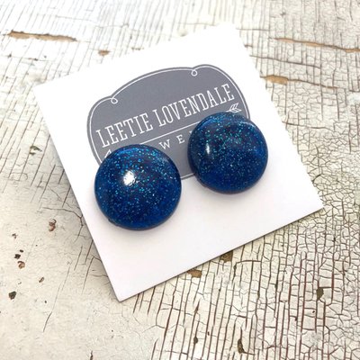 Blue Glitter Lucite Retro Button Stud Earrings