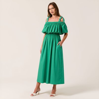 Off-shoulder Ruffle Midi Dress With Bow-tie Straps And Smocked Waist