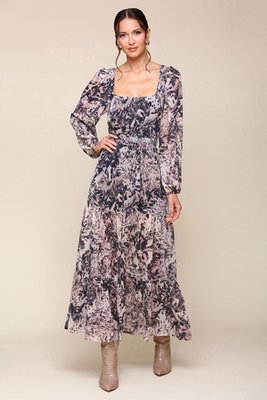 Equestrian Print Tiered Chiffon Maxi Dress