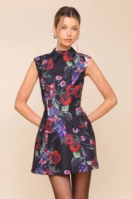 Black Floral Tailored Fit & Flare Mini Dress