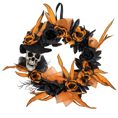 Skull with Black and Orange Roses Halloween Wreath, 14-Inch, Unlit