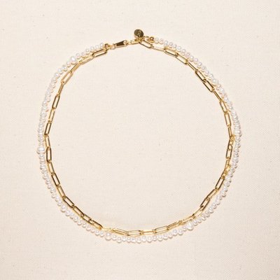 18K Gold Plated Paper Clip Chain with Freshwater Pearls - Mollie Necklace 17"