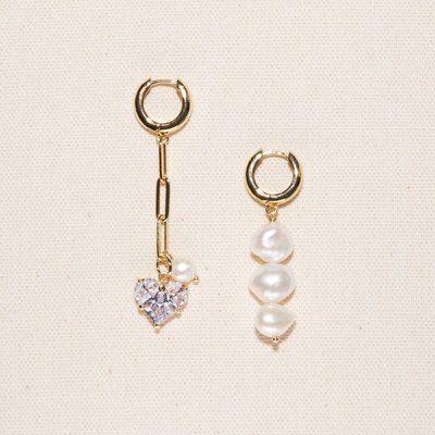 Gold Plated Freshwater Pearls, Diamond-like Zirconia Heart Pendant- Aya Earrings
