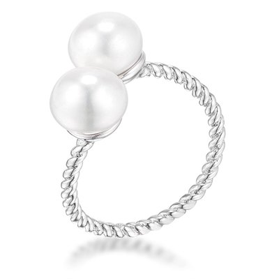 Rhodium Plated Twisted Rope Freshwater Pearl Wrap Ring