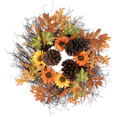 Sunflowers and Pine Cones Fall Artificial Thanksgiving Wreath, 24-Inch, Unlit