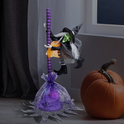 Animated Flying Witch with Broom Halloween Decoration - 25"