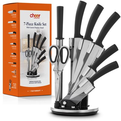 7-piece Chef Knife Set With Rotating Stand, Serrated And Standard Blades