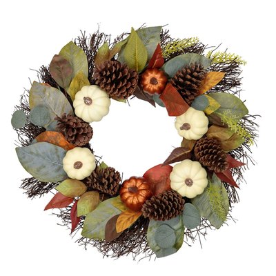 Pumpkin, Pinecone, and Gourd Artificial Fall Harvest Wreath, 24-Inch, Unlit
