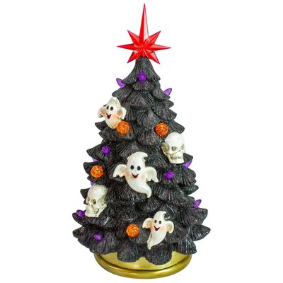 LED Lighted Skull and Ghost Halloween Tree - 12" - Black