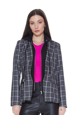 Helen Blazer With Removable Black Hoodie Insert - Charcoal Plaid